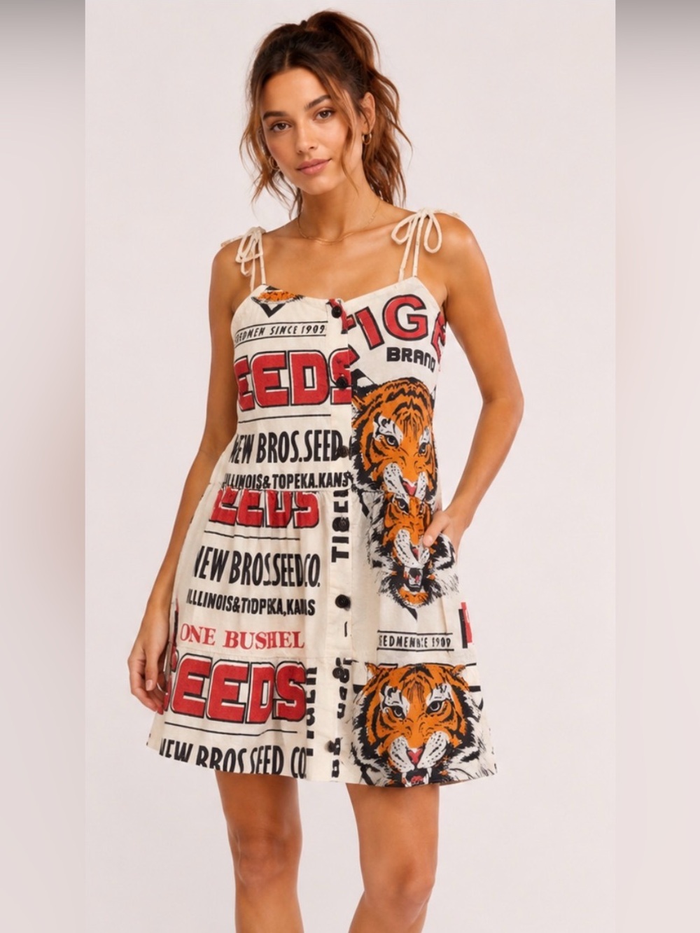 Vintage Sack Tiger Tie-Shoulder Feed Sack mini Dress -OS - 100% cotton Preshrunk